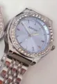 BARSH women quartz watch stylish steel strap diamond bezel elegant accessory fashion daily wear - Silver Case Light Blue Dial