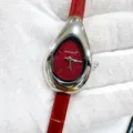 Damen Tropfen Lederuhr rotes Zifferblatt elegante Quarzuhr mit echtem Lederarmband - Silbernes Gehäuse Rotes Zifferblatt Rotes Armband