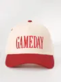 Detailed view of the red and white color-blocked baseball cap with GAMEDAY embroidery. - Adjustable / Beige and Red