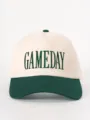Embroidered baseball cap with GAMEDAY lettering, colorblock design, casual outdoor hat. - Adjustable / Beige and Dark Green