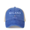 Blue washed mesh trucker hat detailed with Milano Italia print and adjustable strap for outdoor. - Adjustable / Sapphire Blue