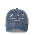 Distressed denim trucker hat with mesh back, featuring MILANO ITALIA front print and adjustable strap. - Adjustable / Navy Blue