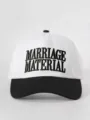 Close-up detail of embroidered text on a stylish black and white two-tone baseball cap. - Adjustable / White and Black Splicing
