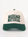 Detailed close-up of contrast color baseball cap featuring dark green embroidery text. - Adjustable / Beige and Dark Green