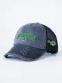 Distressed grey black trucker hat detailed view featuring green Boston embroidery clover accents. - Adjustable / Navy Blue