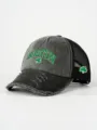 Distressed grey mesh trucker hat with green Boston clover embroidery and curved brim. - Adjustable / Black