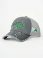 Grey distressed trucker hat close-up, Boston embroidery and shamrock mesh cap detail view. - Adjustable / Gray