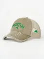 Distressed khaki Boston shamrock embroidered trucker hat detail showing front design. - Adjustable / Khaki