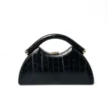 Vintage black semi-circular handbag with embossed eel pattern and metal clasp for women - Black