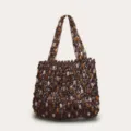 Woven Beaded Shoulder Bag Hollow Out Casual Tote Retro Stone Beaded Handbag for Women - Coffee Reversible