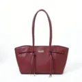 Retro burgundy trapezoid shoulder tote bag with double handles and stylish drawstring knot design. - Burgundy
