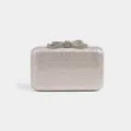 Sparkling crystal rhinestone evening clutch bag detail featuring an elegant bow clasp design. - Silver
