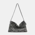 Metallic beaded evening shoulder bag, shimmering sequin mesh handbag for party wedding. - Black