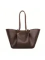 Dark brown leather tote bag detail, pleated cloud design, elegant handle and metal ring accents. - Coffee