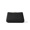 Detailed view of black woven clutch bag with gold metallic clasp for elegant evening wear. - Black