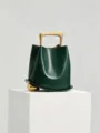 Dark green bucket bag with gold handle niche design fashion autumn winter women leather handbag - Green