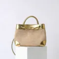 Summer straw woven handbag for women, chic golden metallic trim and top handle with knot design. - Gold
