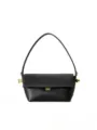 Elegant black leather shoulder bag with chic gold hardware, stylish minimalist daily purse. - Black