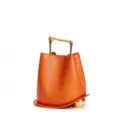 Orange leather bucket bag with unique gold metal handle and spherical base for women stylish design. - Orange
