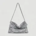 Silver metallic beaded shoulder bag, elegant evening party accessory, sparkling mini clutch. - Silver