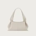 Detail view of the elegant light gray leather shoulder bag, featuring unique pleated design. - White