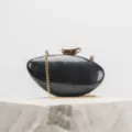 Marble acrylic evening clutch bag with gold chain strap detail, elegant women party handbag. - Black