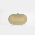 Gold glitter oval acrylic evening clutch bag detail view showcasing unique texture and clasp. - Gold