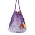 Purple knitted mesh tote bag featuring white inner pouch and floral decor for summer beach. - Purple