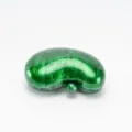 Green resin bean shaped evening clutch bag detail, marble pattern hard case handbag design. - Green