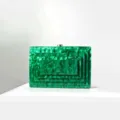 Green acrylic box clutch detail, marble pattern hard shell evening bag with gold clasp. - Green