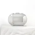 Silver acrylic oval clutch bag detail, elegant metal chain strap, luxury box handbag design. - Silver