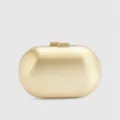Gold acrylic box clutch bag detail, elegant evening handbag with metal clasp hardware. - Gold