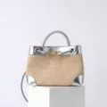 Women straw woven handbag casual beach shoulder bag with metal knot detail and silver trim. - Silver