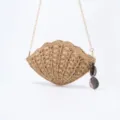 Woven straw crossbody bag seashell shaped summer beach shoulder purse with gold chain - Brown