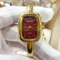 Luxury gold bangle watch with rich red dial, elegant quartz timepiece for women daily wear. - Gold Red Dial