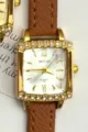 MICAI women square quartz watch with brown leather strap and rhinestone bezel daily use - Gold Case White Dial Light Brown Strap