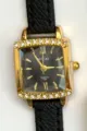MICAI women vintage square quartz watch with black leather strap and rhinestone bezel - Gold Case Black Dial Black Strap