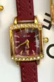 Women red leather strap quartz watch with gold square rhinestone bezel and dark red dial - Gold Case Red Dial Red Strap
