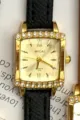 Women's square quartz watch with gold rhinestone bezel and black leather strap for daily wear. - Gold Case Gold Dial Black Strap
