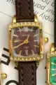 MICAI women's gold vintage small square watch with rhinestones and brown leather strap quartz. - Gold Case Coffee Dial Coffee Strap