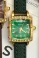 Green dial quartz watch with gold square rhinestone case and dark green leather strap. - Gold Case Green Dial Green Strap