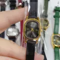 Sunlifex minimalist vintage square women watch with black dial and leather strap detail view - Gold Case Black Dial Black Strap