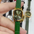 Vintage green leather strap wristwatch for women with elegant gold square dial and luxury style. - Gold Case Green Dial Green Strap