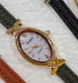 Elegant oval quartz watch with white dial and green leather strap for women fashion. - Gold Case White Dial Green Strap