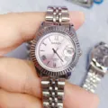BARSH reloj mujer cuarzo esfera rosa numeros romanos bisel acanalado pulsera acero - Caja Plateada Esfera Rosa