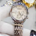 CAQUO men stainless steel chronograph watch detail view, elegant white dial with sub-dials. - Silver Case White Dial Women's