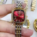 Sunlifex dames horloge vintage vierkante strass rode wijzerplaat metalen band chic - Tweekleurig Rode Wijzerplaat