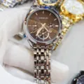 CAQUO men stainless steel quartz watch brown dial chronograph luxury fashion wristwatch - Silver Case Black Dial Women