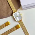 Damen Vintage rechteckige Quarzuhr mit Mesh-Armband, elegantes retro minimalistisches Design. - Gold Weißes Zifferblatt