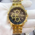 Gouden herenhorloge detail, roestvrijstalen band, elegante zakelijke chronograph weergave. - Volledig Goud Gouden Wijzerplaat Heren